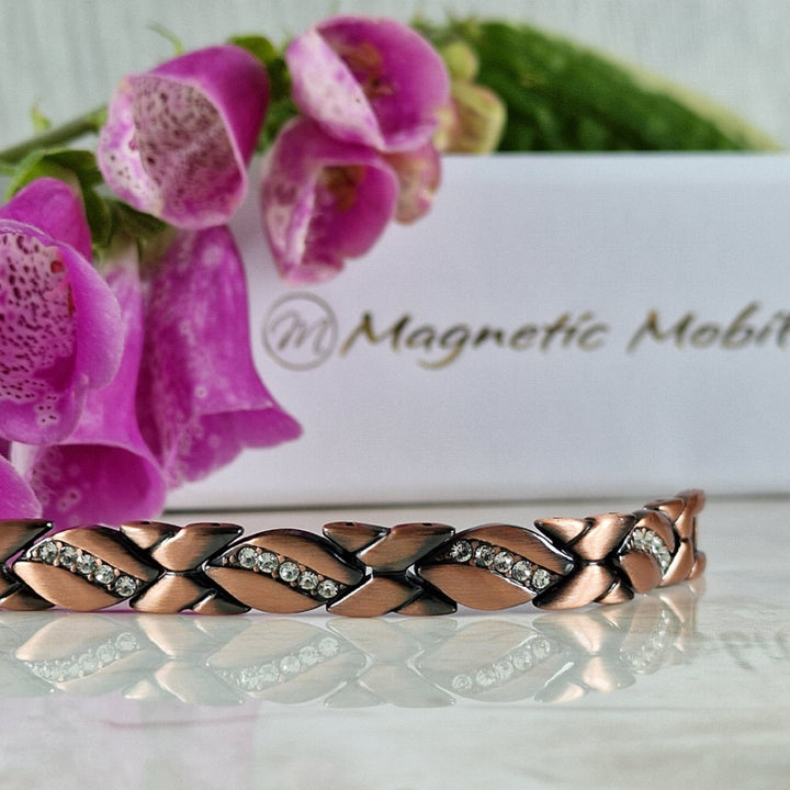 Front view of Kerria - Women's Copper Link bracelet with crystals