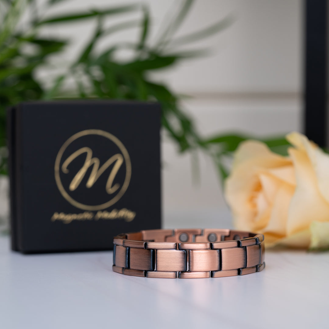 Front view of Alexander's Copper Magnetic Bracelet standing upright, highlighting its bold 14mm band and durable design.