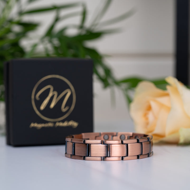 Front view of Alexander's Copper Magnetic Bracelet standing upright, highlighting its bold 14mm band and durable design.
