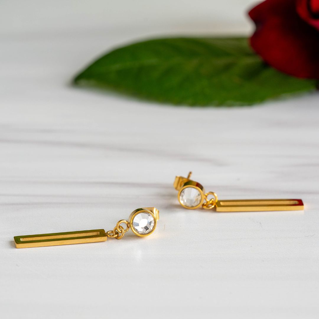 Front view of Angelicas Sun Magnetic earrings - drop style with crystals.