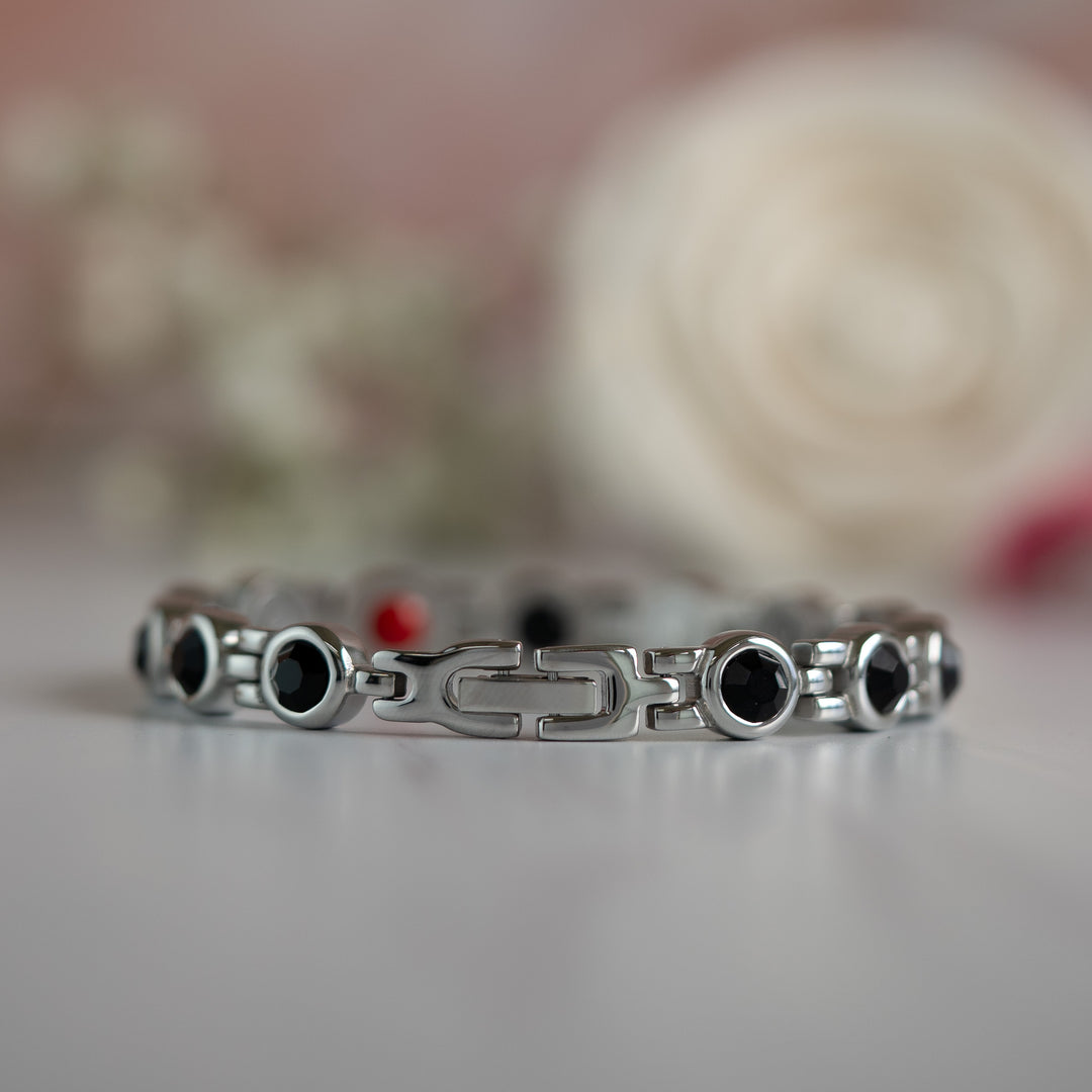 Clasp view of the Angelica in Black 4in1 Magnetic Bracelet from Magnetic Mobility - a black crystal magnetic bracelet