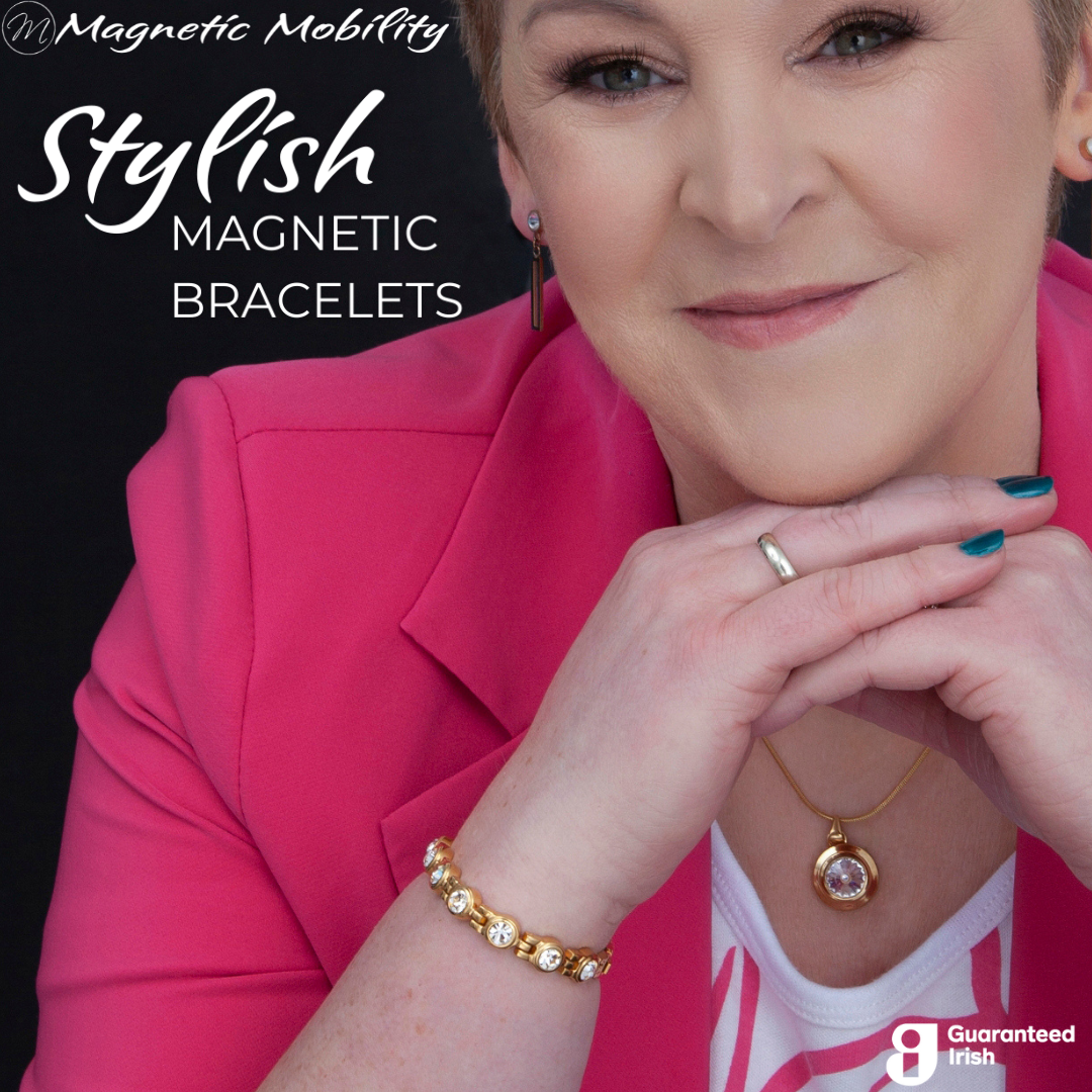 Angelica’s Sun 4in1 Magnetic Bracelet from Magnetic Mobility  shown on a woman wearing the matching necklace and earrings