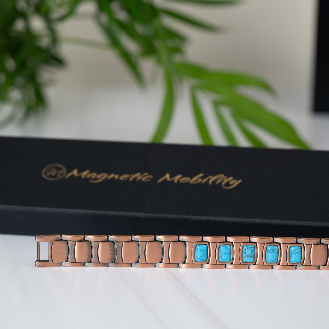 Asphodel Copper Magnetic Bracelet displayed in a front-side profile, emphasising the dual magnetic features and geometric design.