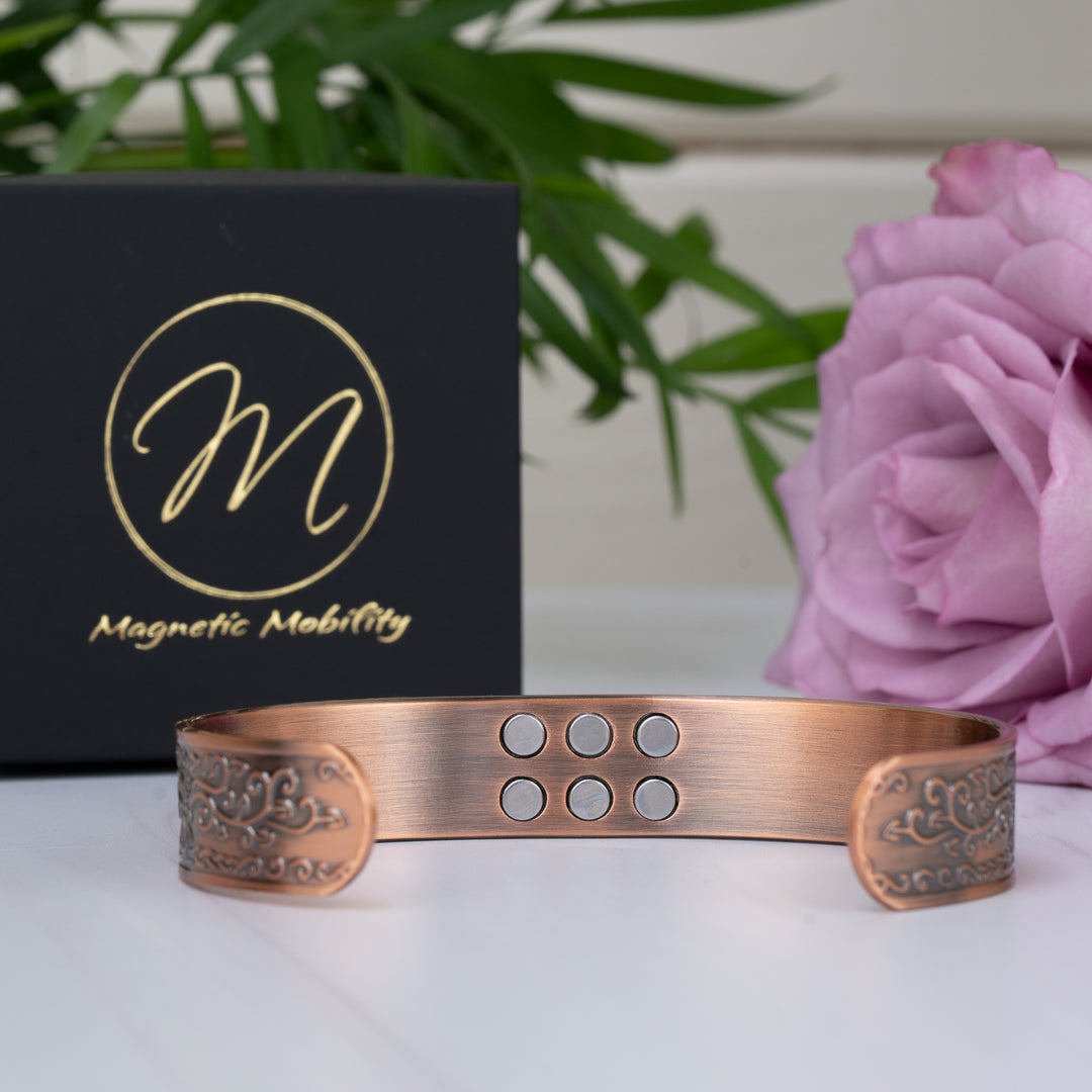 Back view of the Campion Copper Bracelet, focusing on the six embedded magnets and the smooth, polished copper finish that enhances its durability and comfort.