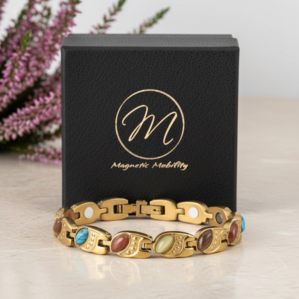 Gold magnetic bracelet with colorful stones on a black box with 'Magnetic Mobility' logo