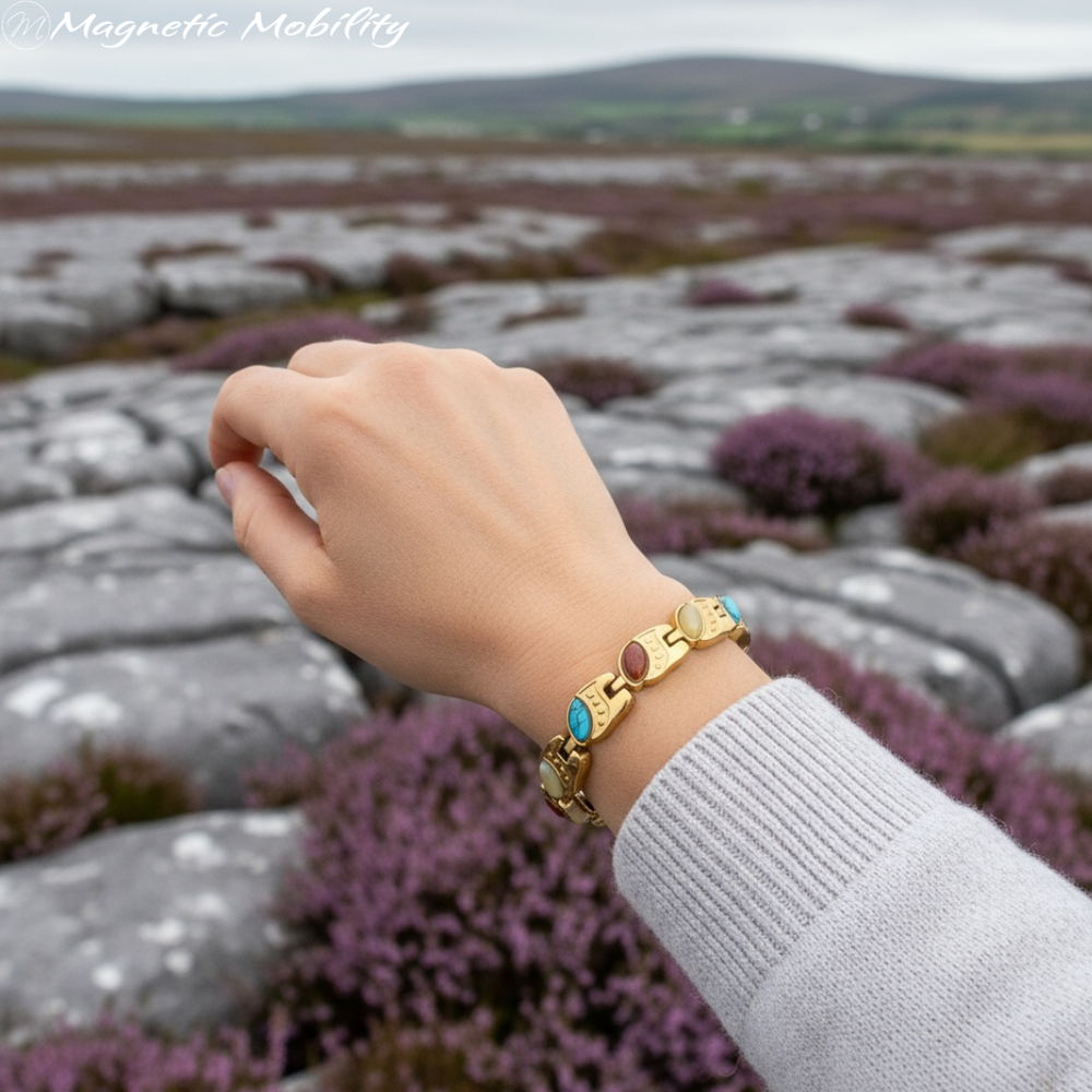 Hand wearing a gold magnetic bracelet with colorful stones against a blurred natural background