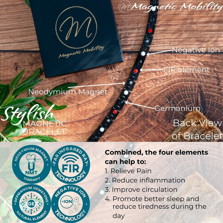 Honesty Night 4in1 Magnetic Bracelet from Magentic Mobility - A black magentic bracelet with a centerpiece, adorned with two rows of shimmering Swarovski crystals. Back view shoing the 4 elements - Negative ions, FIR elements, Neodynimum magnets, Germanimum.