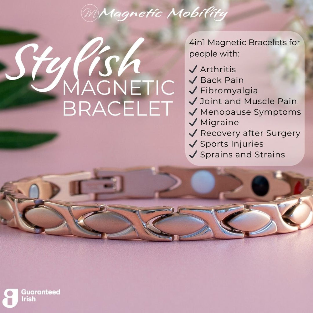 Laurel Dawn - a rose gold 4in1 Magnetic bracelet with text - for people with arthritis, back pain, fibromyalgia, joint and muscle pain, menopause symptoms, migraine, recovery after syurgery, sports injuries, sprains and strains.