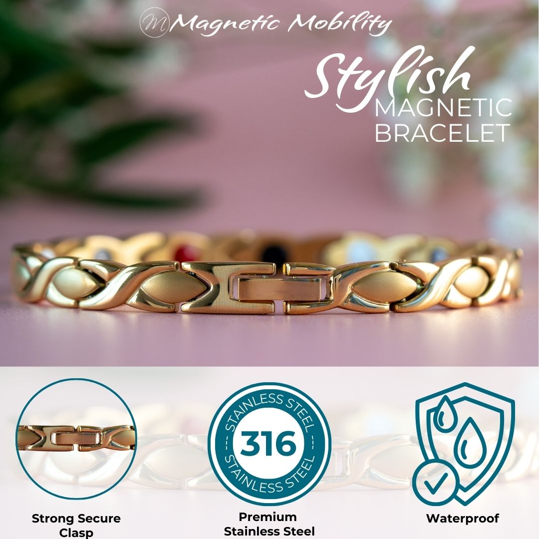 Laurel Sun - Stainless steel Gold 4in1 Magnetic Bracelet for Women showing the strong secure clasp .