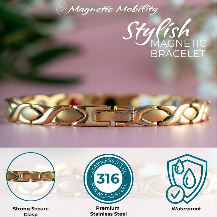 Laurel Sun - Stainless steel Gold 4in1 Magnetic Bracelet for Women showing the strong secure clasp .