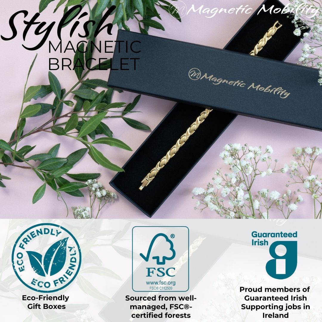 Laurel Sun - Gold 4in1 Magnetic Bracelet for Women shown on in a black eco-friendly gift box