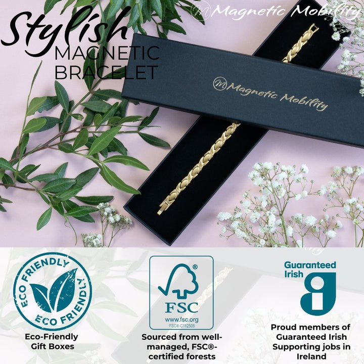 Laurel Sun - Gold 4in1 Magnetic Bracelet for Women shown on in a black eco-friendly gift box