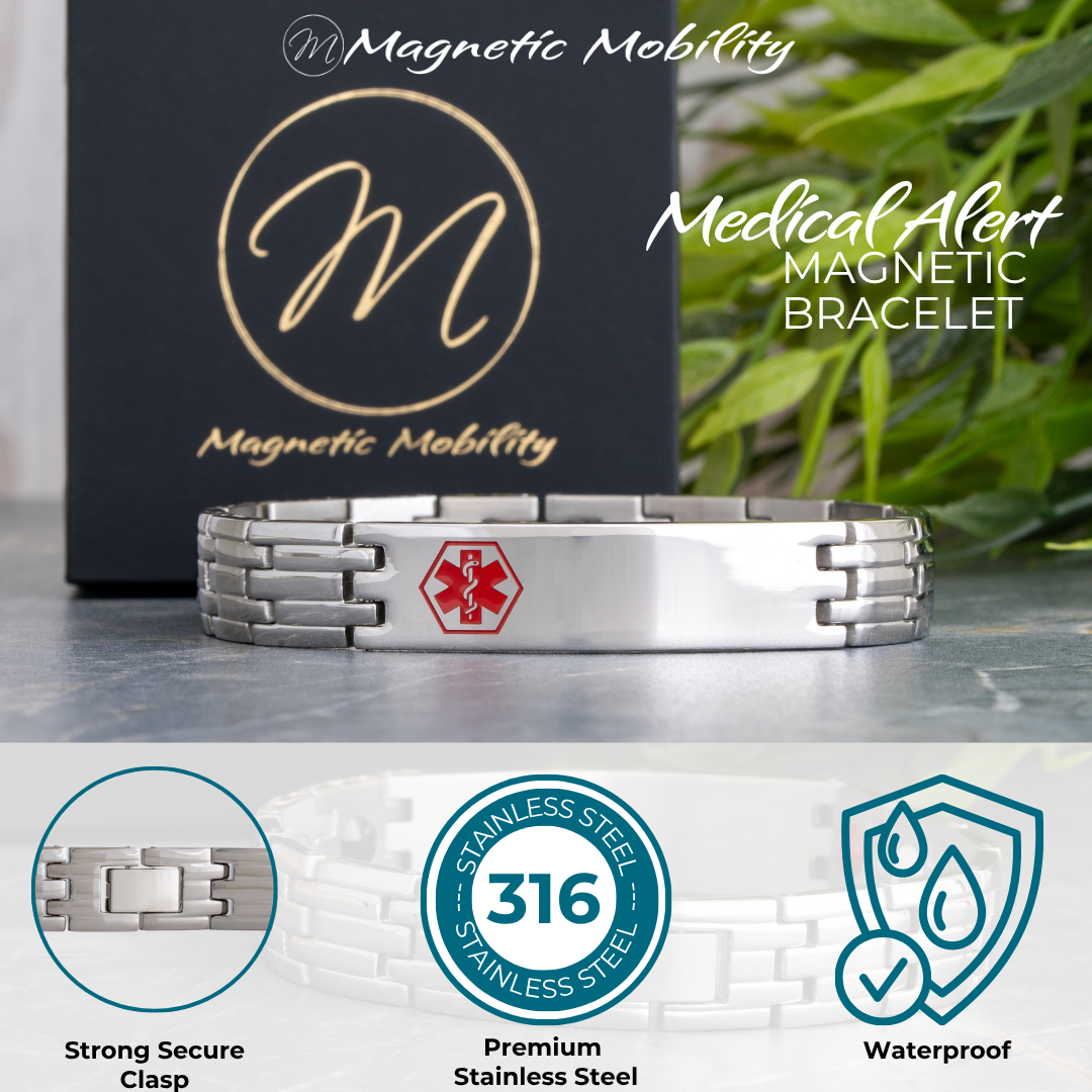 Silver medical alert magnetic bracelet with brand logo and product features on a neutral background