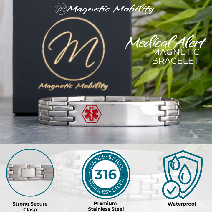 Silver medical alert magnetic bracelet with brand logo and product features on a neutral background