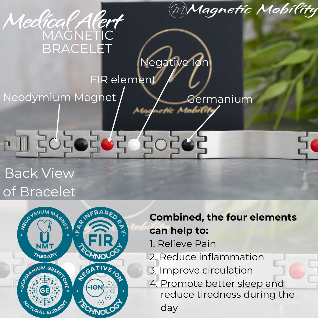 Medical Alert Magnetic Bracelet with labeled components and benefits on a blurred background