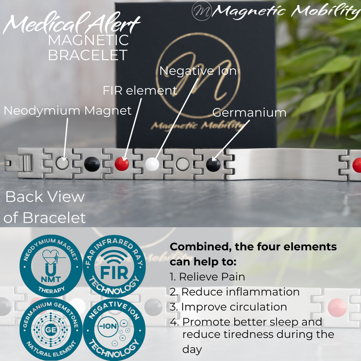 Medical Alert Magnetic Bracelet with labeled components and benefits on a blurred background