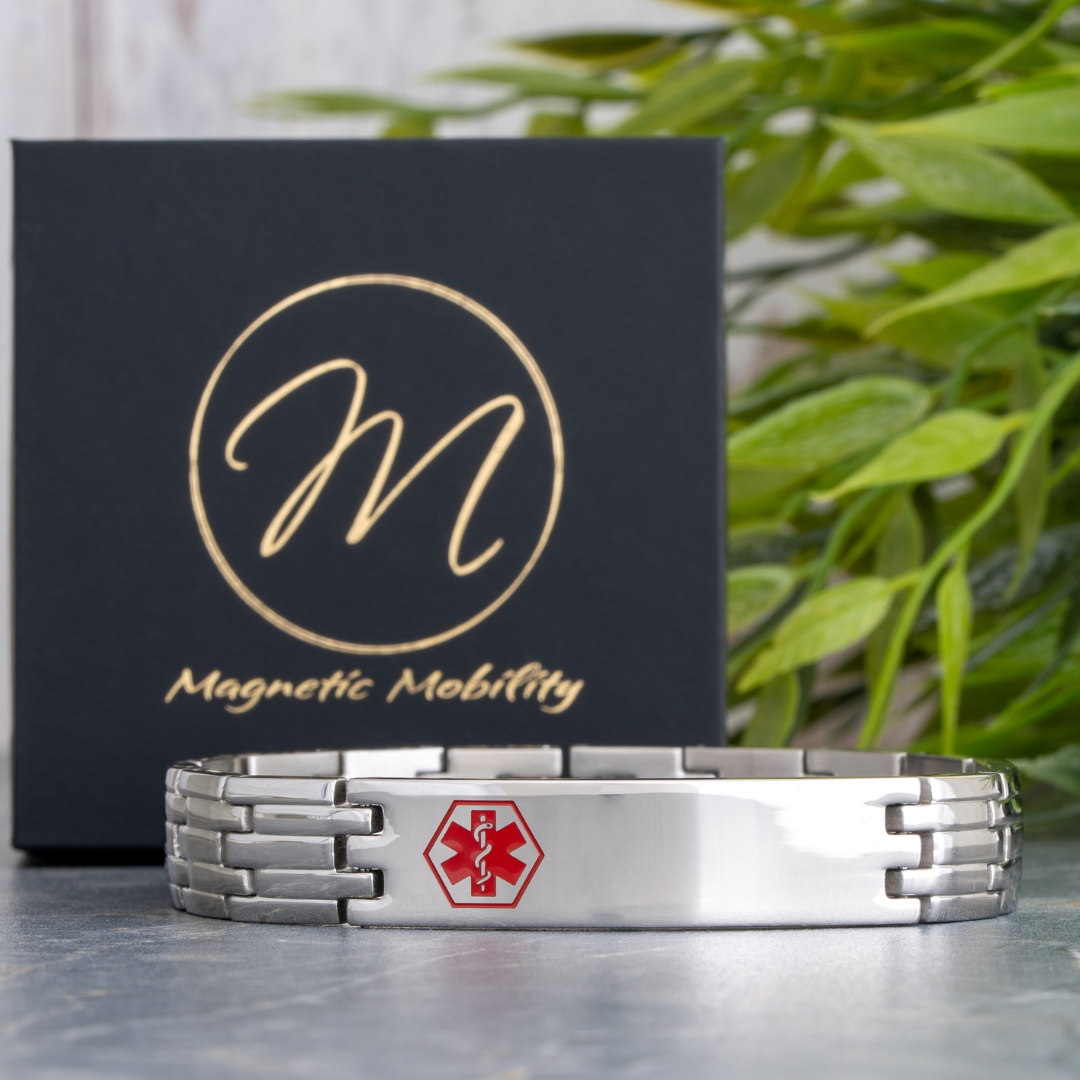 Medical Alert 4in1 Magnetic Bracelet with engravable plate and red medical symbol.