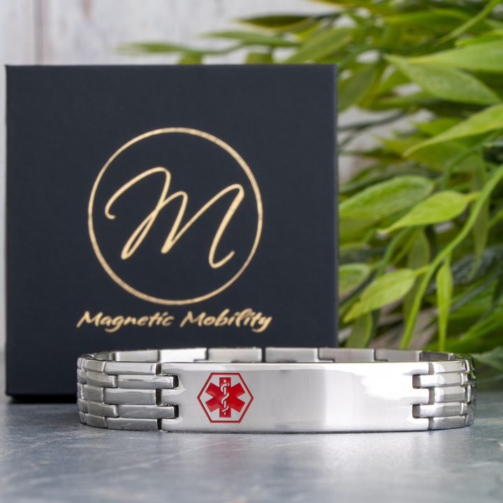 Medical Alert 4in1 Magnetic Bracelet with engravable plate and red medical symbol.
