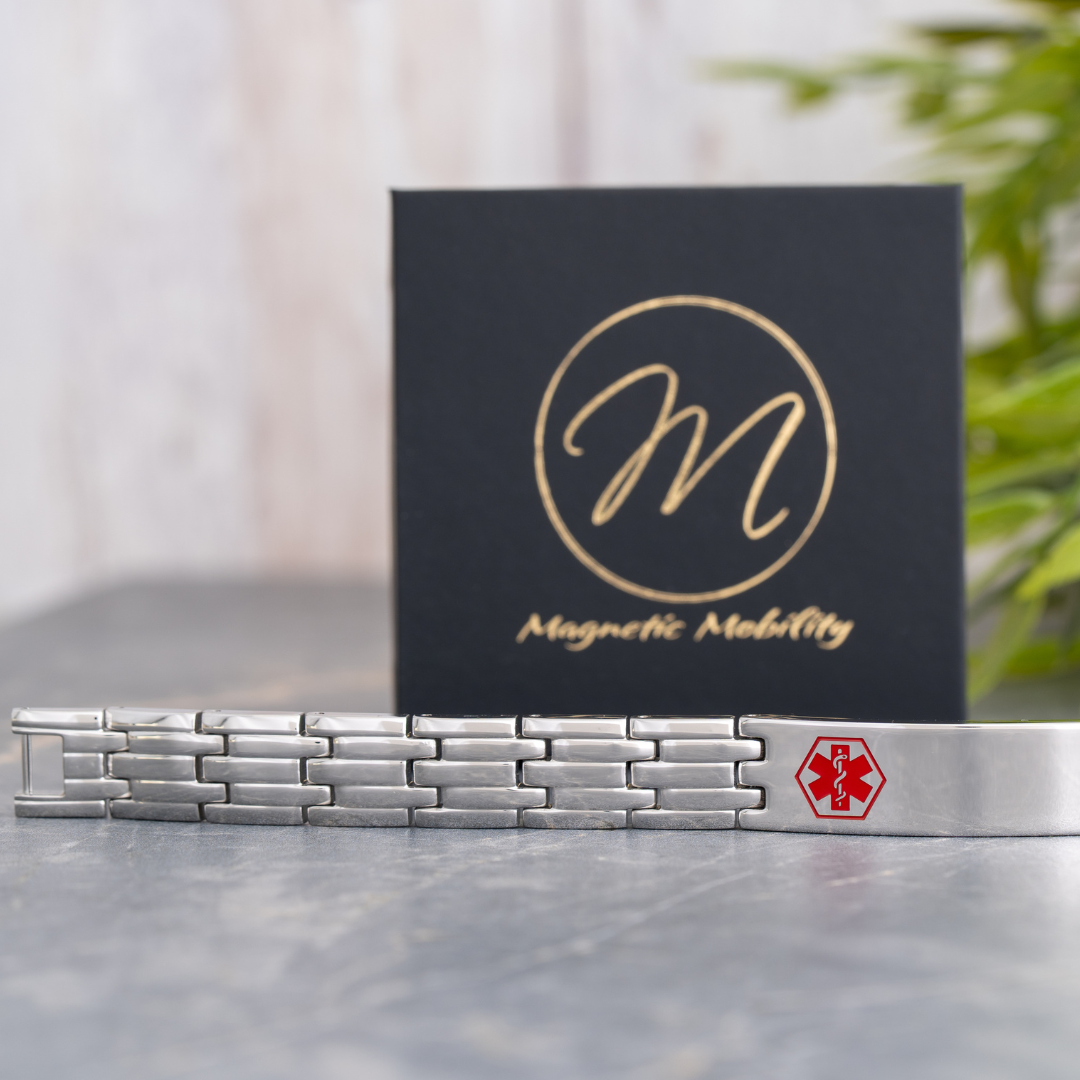 Medical Alert 4in1 Magnetic Bracelet with engravable plate and red medical symbol.