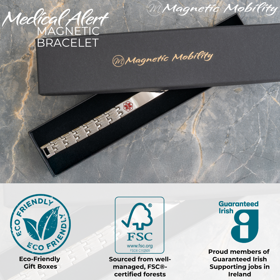 Medical Alert magnetic bracelet with packaging on a marble surface, featuring 'Magnetic Mobility' branding.
