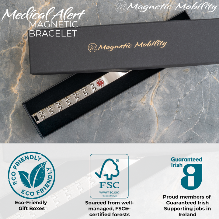Medical Alert magnetic bracelet with packaging on a marble surface, featuring 'Magnetic Mobility' branding.