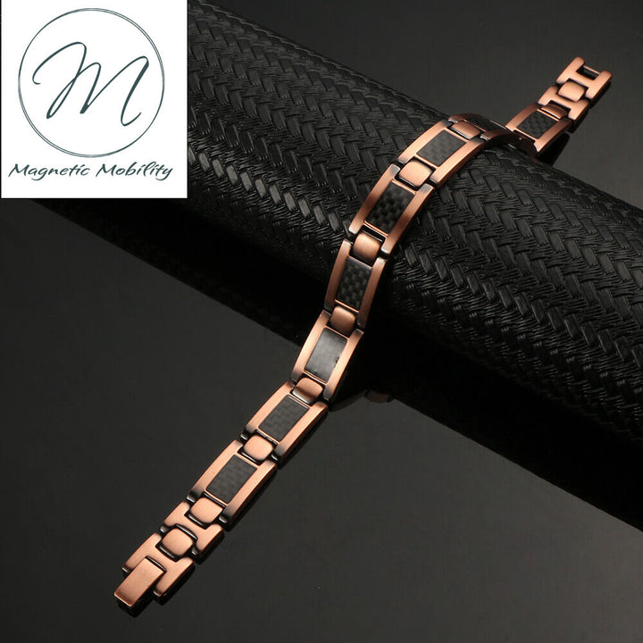 Front view. High quality 99.9% pure copper bracelet with black carbon inlay. Contains Neodymium Magnets to help with pain relief from Arthritis, Back pain, sports injuries ect.