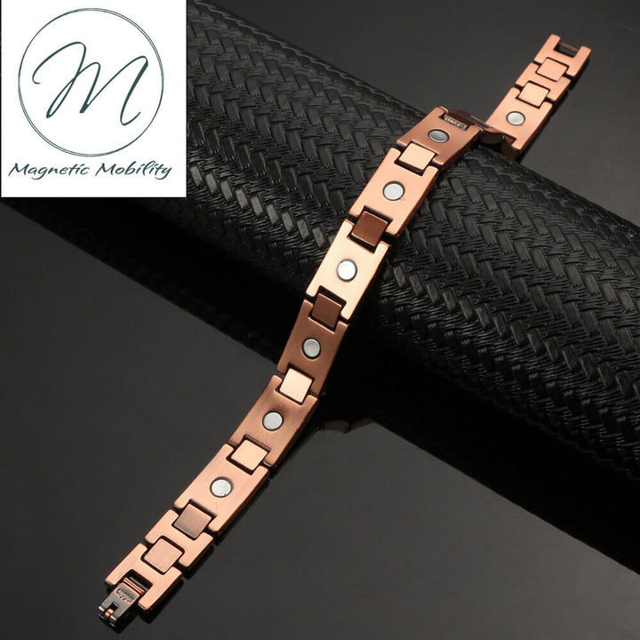 Back view. High quality 99.9% pure copper bracelet with black carbon inlay. Contains Neodymium Magnets to help with pain relief from Arthritis, Back pain, sports injuries ect.