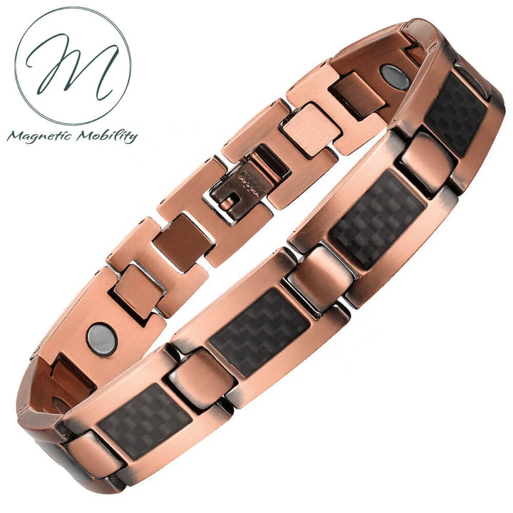 Front view. High quality 99.9% pure copper bracelet with black carbon inlay. Contains Neodymium Magnets to help with pain relief from Arthritis, Back pain, sports injuries ect.