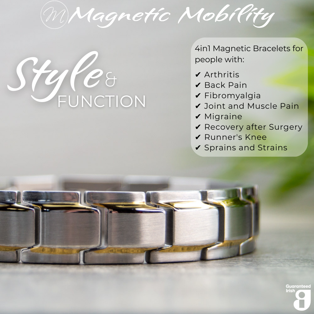 Alexanders Moon 4in1 magnetic bracelet from Magnetic Mobility, showcasing a stylish silver and gold design. Perfect for relieving arthritis, back pain, fibromyalgia, and other muscle-related ailments. Combines style and function.