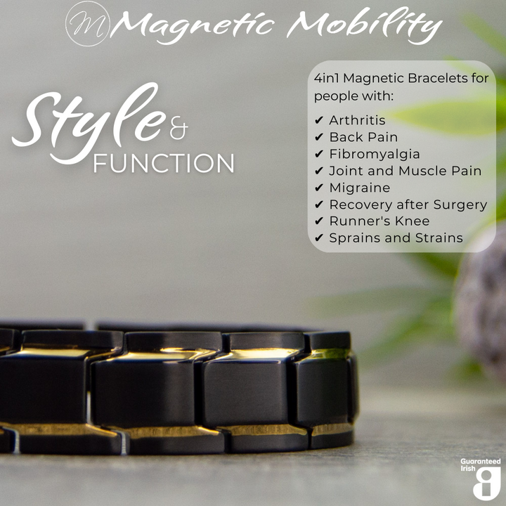 Front view of Alexanders Twilight 4in1 Magnetic bracelet showing the Black design with gold stripes. A perfect bracelet for people with Arthritis, Back pain, Migraine, Fibromyalgia, Sports injuries, Recovery after surgery and general aches and pains.