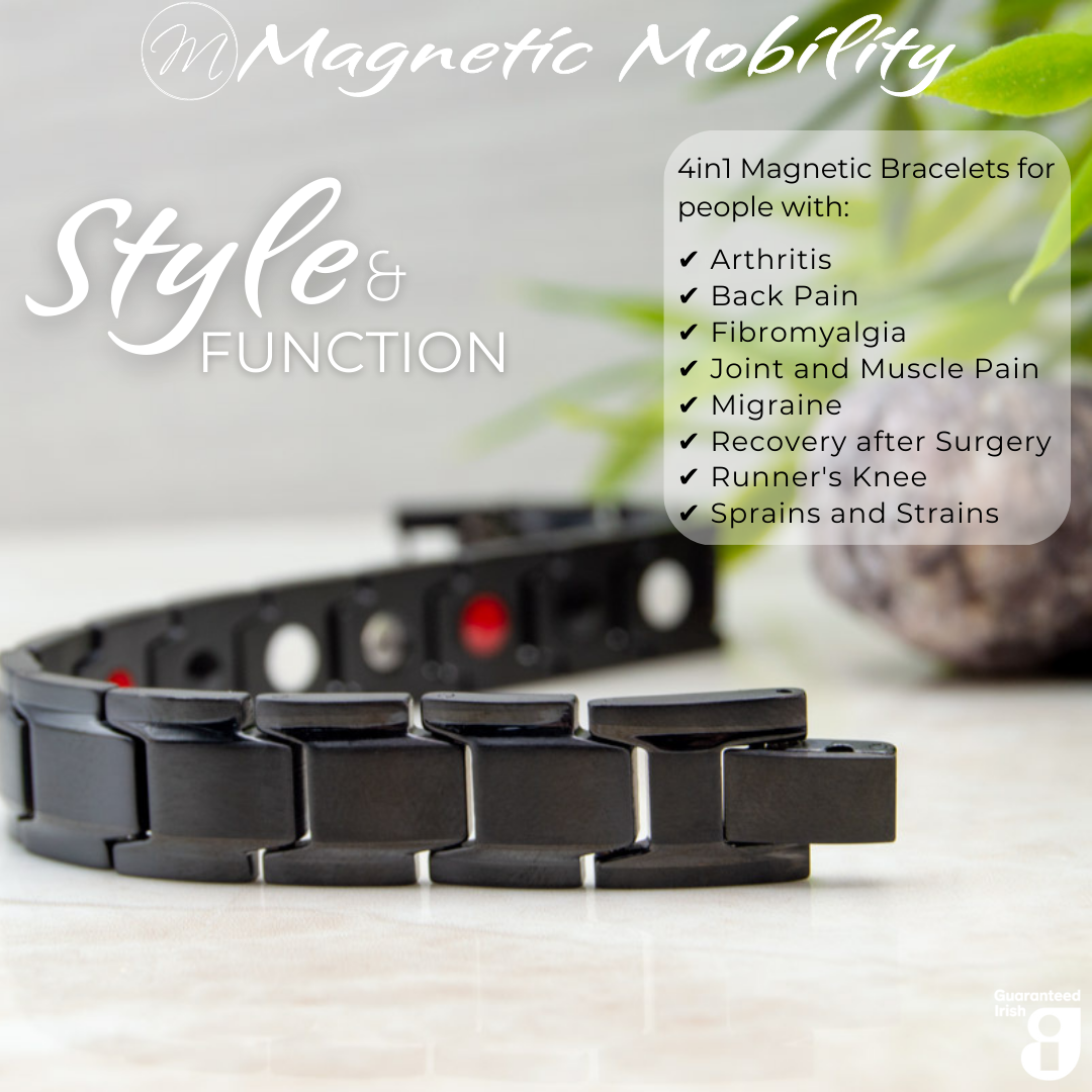 Alexanders Night 4in1 magnetic bracelet from Magnetic Mobility, showcasing a stylish black design. Perfect for relieving arthritis, back pain, fibromyalgia, and other muscle-related ailments. Combines style and function.