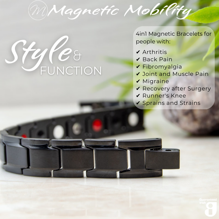 Alexanders Night 4in1 magnetic bracelet from Magnetic Mobility, showcasing a stylish black design. Perfect for relieving arthritis, back pain, fibromyalgia, and other muscle-related ailments. Combines style and function.