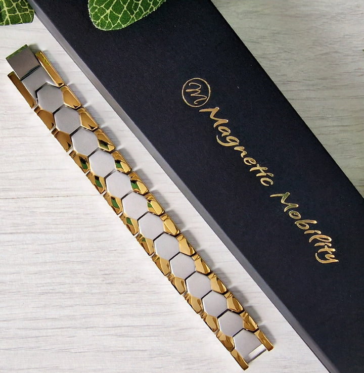 Top view of Aster moon outside luxury black gift box - Mens magnetic bracelet with a double row of elements