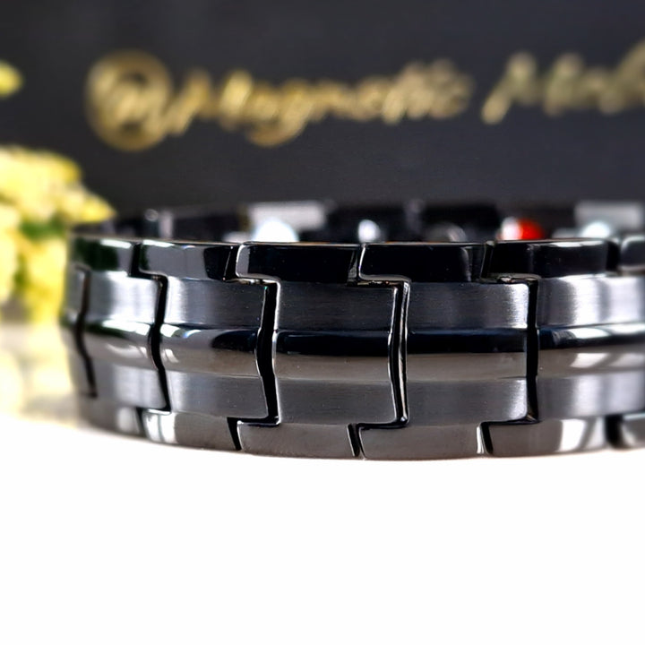 Front view closeup of Mens Black - Double row 4in1 Magnetic Bracelet - contains a double row of Health Elements.