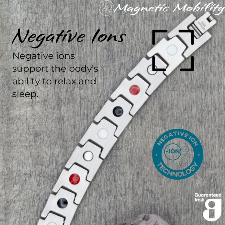 Alexanders Moon 4in1 magnetic bracelet by Magnetic Mobility, highlighting the negative ions feature which supports the body's ability to relax and sleep. Ideal for reducing stress and promoting better health.
