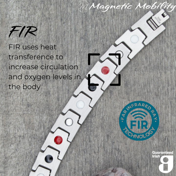 Alexanders Moon 4in1 magnetic bracelet from Magnetic Mobility, showcasing FIR technology which uses heat transference to increase circulation and oxygen levels in the body. Enhances overall wellness and pain relief.