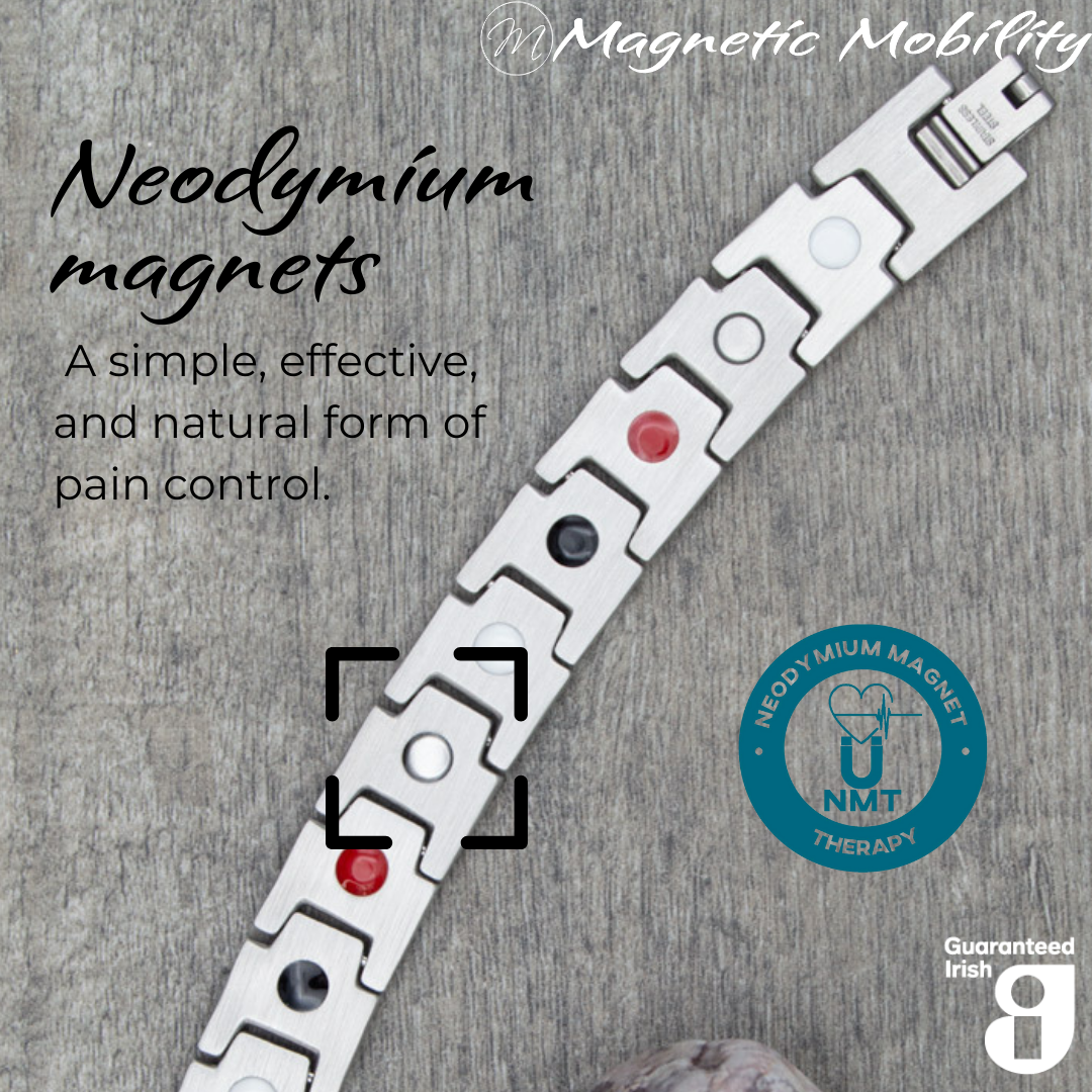 Alexanders Moon 4in1 magnetic bracelet from Magnetic Mobility, highlighting neodymium magnets which offer a simple, effective, and natural form of pain control. Perfect for alleviating arthritis, back pain, fibromyalgia, and more.