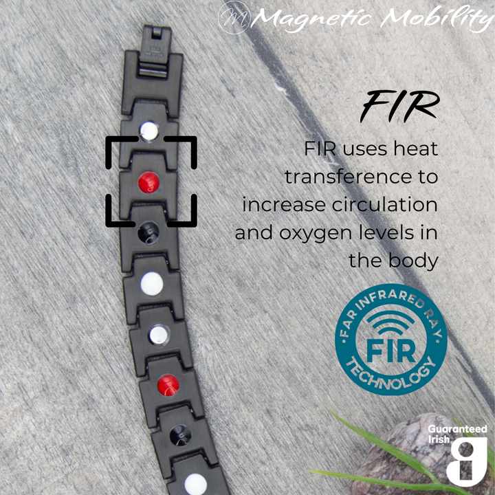 Back view of Alexanders Twilight 4in1 Magnetic bracelet showing the FIR elements - using heat transference to improve circulation and increase oxygen levels in the body - perfect for recovering from sports injuries.