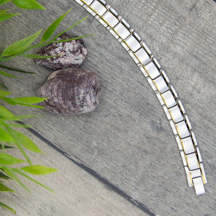 Alexanders Moon - top view - Mens Silver Magnetic Bracelet with gold stripes