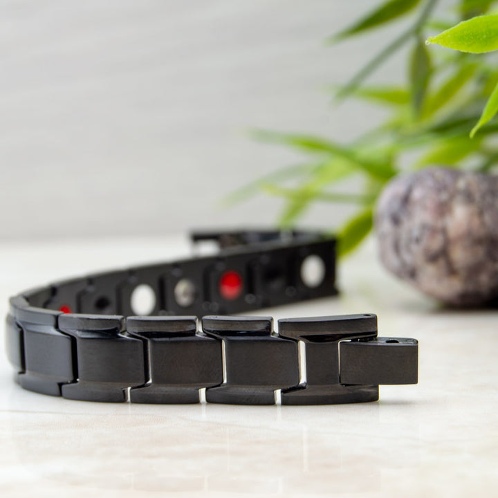 Alexanders Night - Mens Black Magnetic Bracelet with 4 health elements - view shows both the front and the back