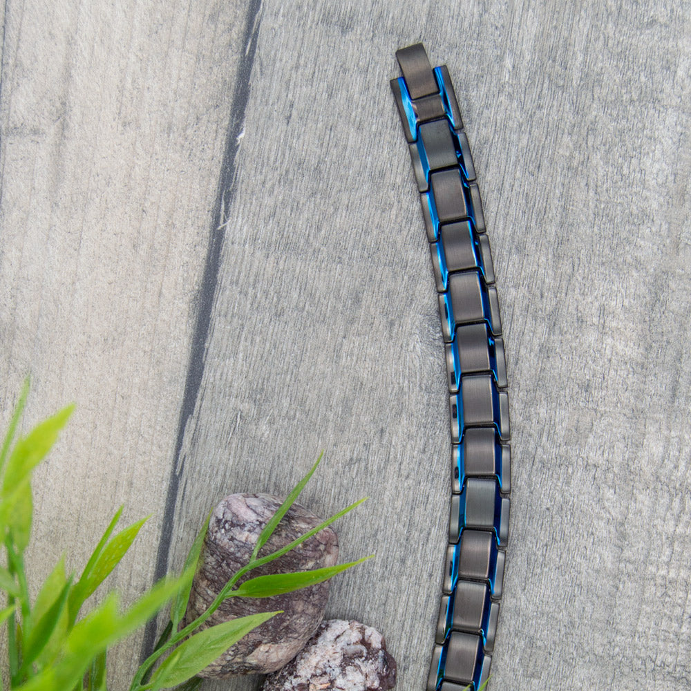 Top view of Alexanders Sky - Mens Magnetic Bracelet - Black with Blue Stripes