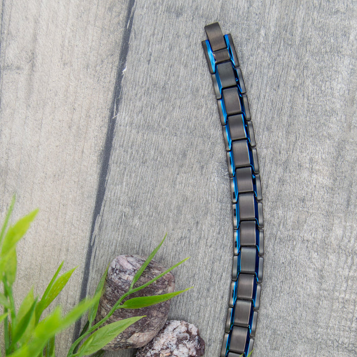 Top view of Alexanders Sky - Mens Magnetic Bracelet - Black with Blue Stripes