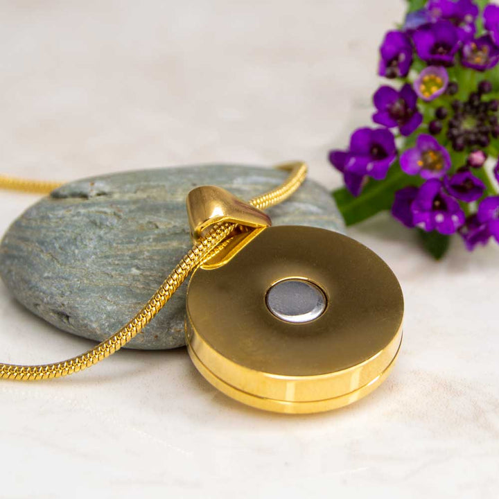 Back view of the Angelica Sun, gold plated magnetic neckalce showing the strong neodynium magnet in the back