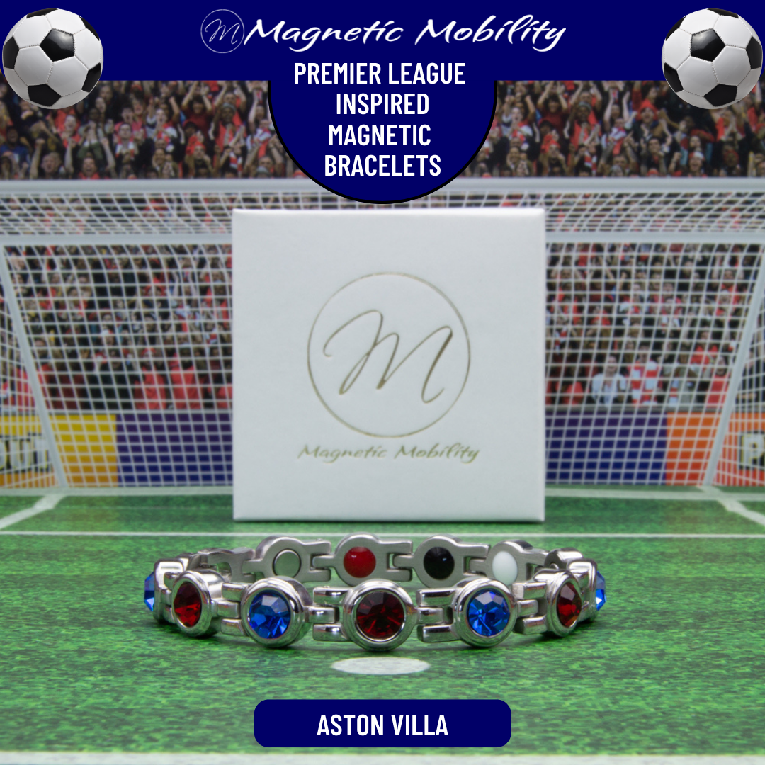 Aston Villa Fan Jewellery - Magnetic Bracelet in Aston Villa Premier League Team colours. For people with Migraine, Sports Injuries, Menopause symptoms, Back pain, arthritis etc.