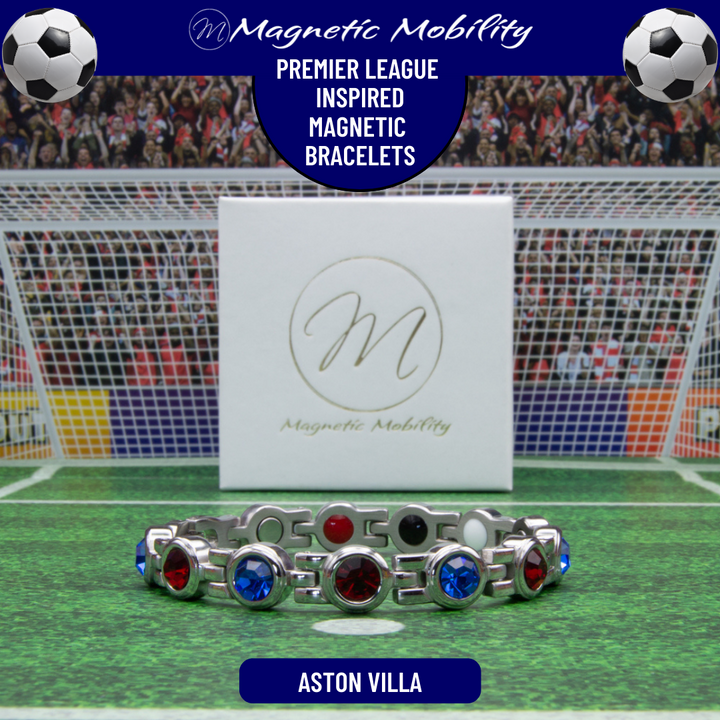 Aston Villa Fan Jewellery - Magnetic Bracelet in Aston Villa Premier League Team colours. For people with Migraine, Sports Injuries, Menopause symptoms, Back pain, arthritis etc.