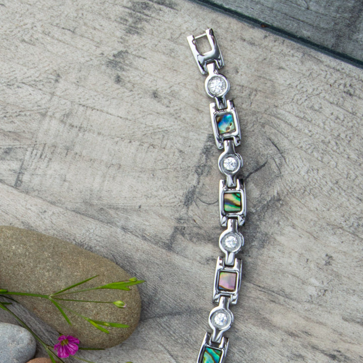 Avens Moon - Women's Magnetic Bracelet in Silver with irredessant designs with white crystals