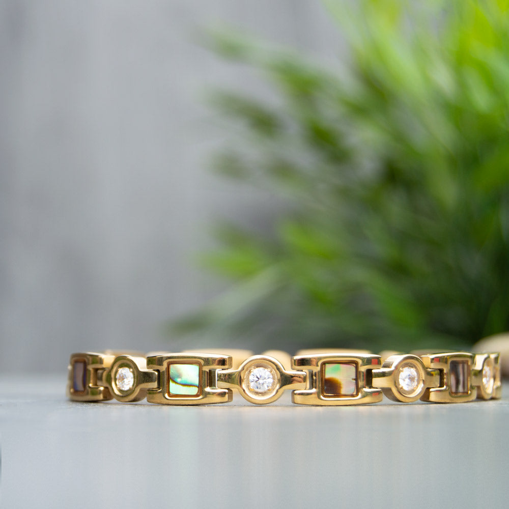 Avens Summer - Gold colour mangentic bracelet for women with contemporary geometric design including white crystals, Contains 4 health elements for Migraine, Back pain etc.  view 2