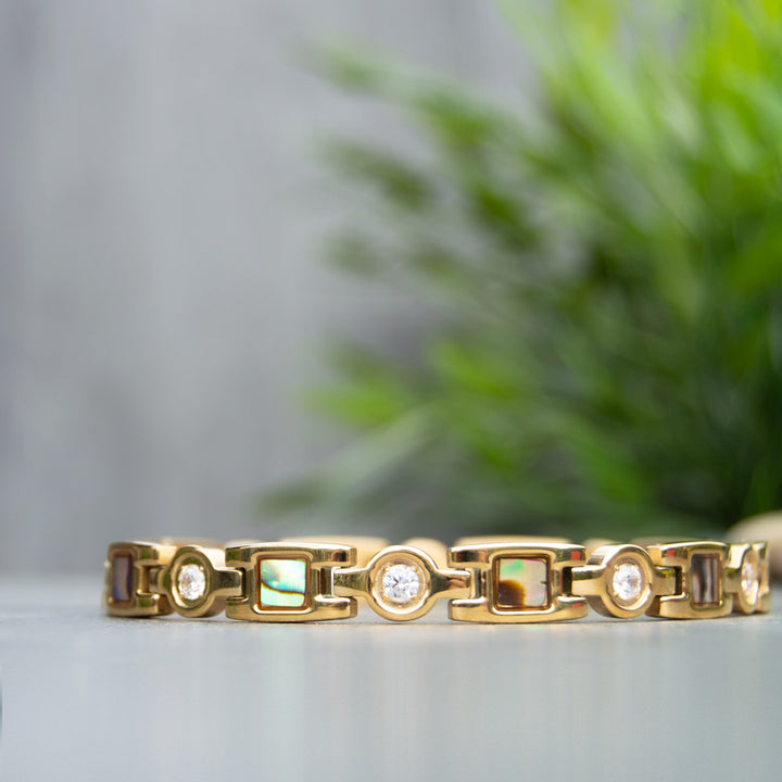 Avens Summer - Gold colour mangentic bracelet for women with contemporary geometric design including white crystals, Contains 4 health elements for Migraine, Back pain etc.  view 2