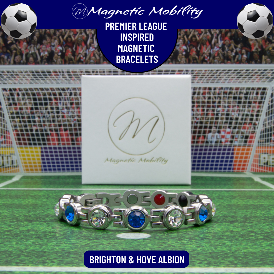 Brighton and Hove Albion Fan Jewellery - Magnetic Bracelet in Brighton Premier League Team colours. For people with Migraine, Sports Injuries, Menopause symptoms, Back pain, arthritis etc.