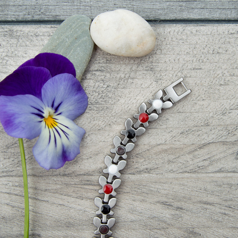 Back view of Buddleia Twighlight Magnetic Bracelet showing the 4 health elements: Negative ions, Far Infrared, Germanium and Magnets. 